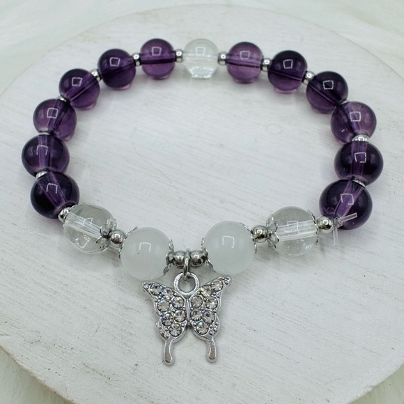 Violet Beaded w/ Sparkly Butterfly Charm Bracelet - Small wrists - Picture 5 of 6